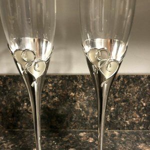 GORGEOUS Two (2) Lenox True Love Silver Champagne Flute Drinking Glasses 6oz